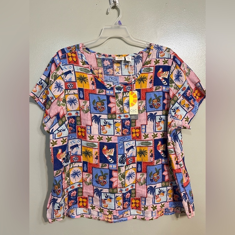 C&C California 100% Linen Colorful Patterned Women's Top Boxy Boho 2X NWT